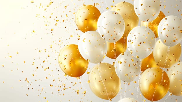 A collection of balloons adorned with gold and white confetti, creating a joyful and festive atmosphere.