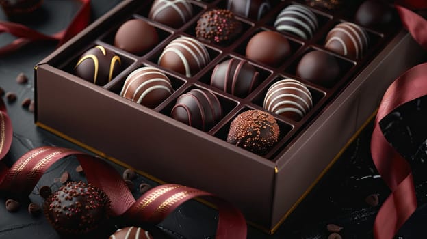 Luxurious box of chocolate truffles adorned with vibrant red ribbons, high detail and rich dark colors.