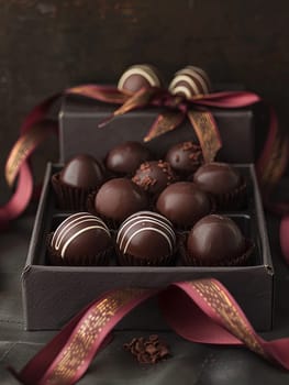 Elegant box of chocolate truffles adorned with a ribbon, showcasing rich dark colors and high attention to detail.