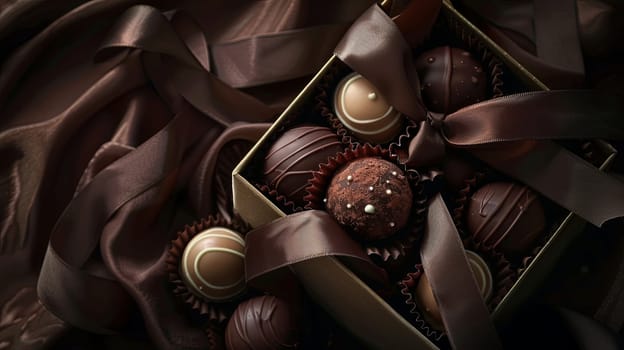 Luxurious box filled with chocolates on table, decorated with ribbons, high detail, rich dark colors.