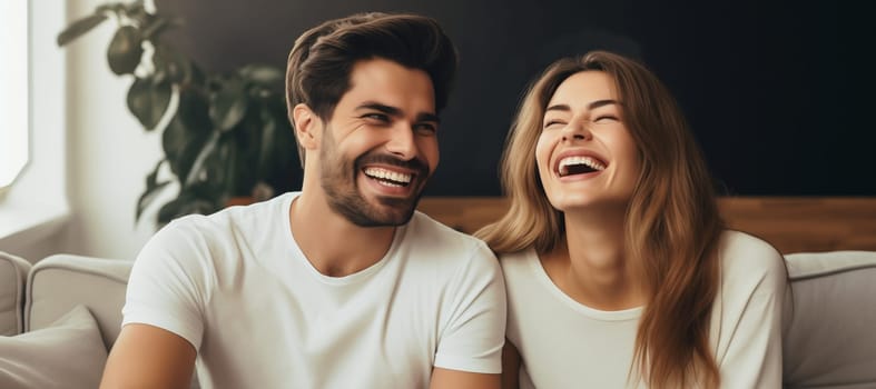 Portrait of happy smiling young couple hugging, cheerful woman and man sitting on sofa at home together