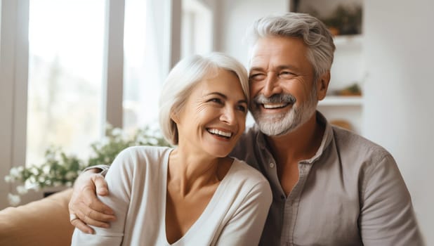 Portrait of happy smiling mature couple hugging, elderly woman and man sitting on sofa at home together