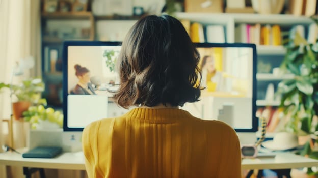 Rear view of woman employee talking on a video call with colleagues businessmen in office. Work remotely from home concept. Online meeting concept.