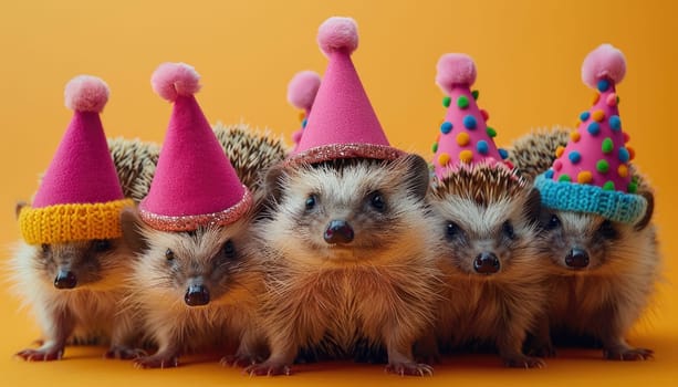 A group of hedgehogs wearing party hats by AI generated image.