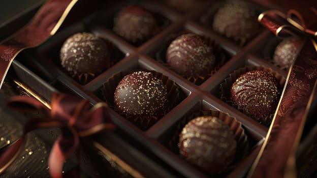 Luxurious box of chocolate truffles adorned with a ribbon, featuring rich dark colors and high detail.