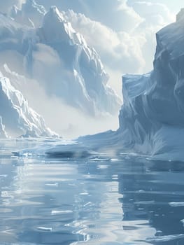 A painting depicting icebergs drifting in the chilly waters, capturing the texture of the ice and the play of light on its surface.