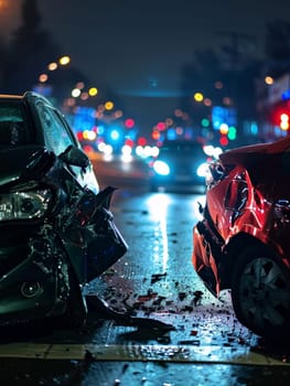 Two severely damaged cars collide on a rain-soaked city street, with colorful lights from nearby buildings creating a dramatic nighttime scene