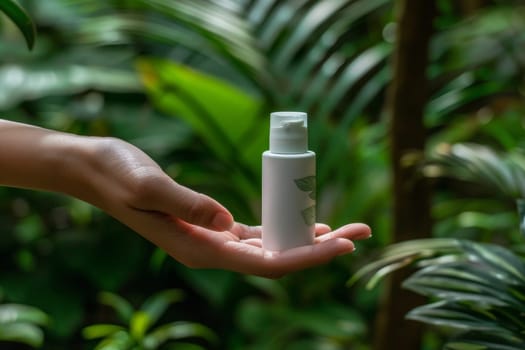 A white skincare bottle with a green leaf design sits amidst lush, verdant foliage, conveying a sense of natural, eco-friendly wellness