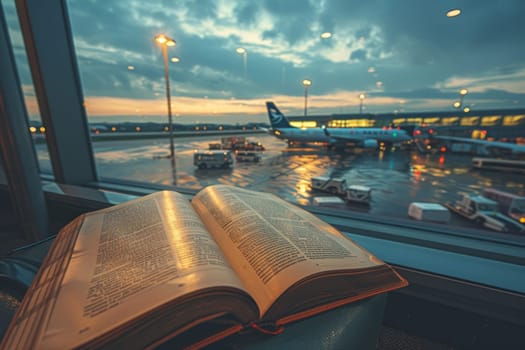 A person sits in an airport terminal, engrossed in reading a book while waiting for their flight amidst the bustling activity around them