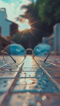 A pair of round, metallic eyeglasses rests on a reflective surface, capturing the enchanting bokeh of a blurred background filled with warm, glowing lights