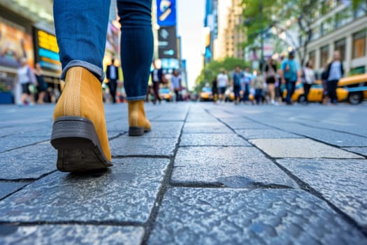 A close-up view of a persons lower body, showcasing bright yellow boots on their feet.