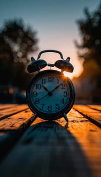 A classic alarm clock stands against the backdrop of a vibrant sunset, its hands frozen in time as the day draws to a close.