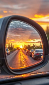 The sideview mirror of a car reflects the vibrant, golden lights of a city street at night, creating a warm, atmospheric scene