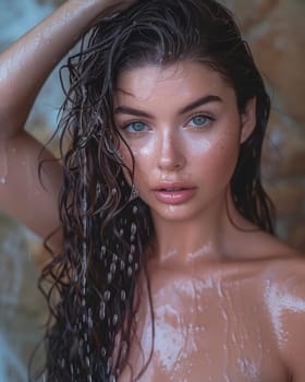 A young woman with dark, wet hair gazes pensively as she stands in the shower, water cascading down her face and body