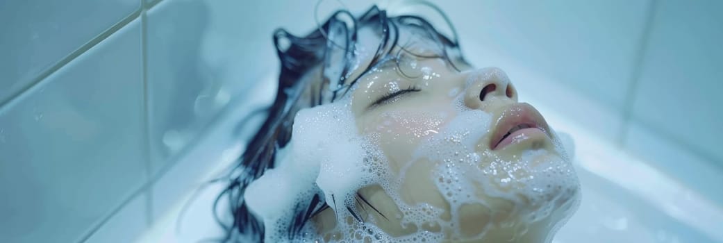 A mesmerizing close-up of a woman's serene face submerged in a bath, her features softened by the weightless, swirling water and delicate bubbles enveloping her