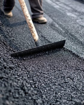 A construction worker in a reflective vest uses a metal rake to smooth and level a freshly paved asphalt road
