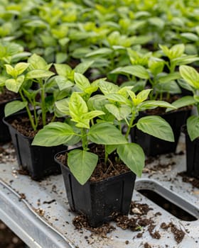 A lush, verdant display of vibrant green herb seedlings flourishes within the sheltered confines of a greenhouse, their delicate stems and leaves creating a serene, natural tableau