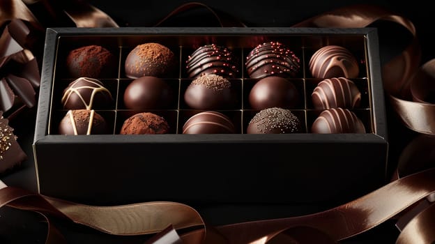 Rich dark chocolate truffles in an elegant box, adorned with a ribbon for a luxurious presentation.