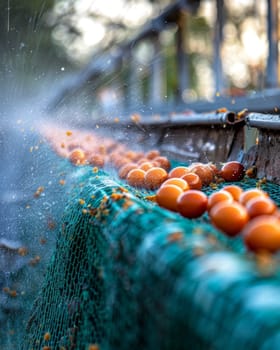 A close-up view of freshly picked tomatoes being washed and cleaned on an industrial conveyor belt, with water spraying over the vibrant red fruit and creating a refreshing, mist-like atmosphere