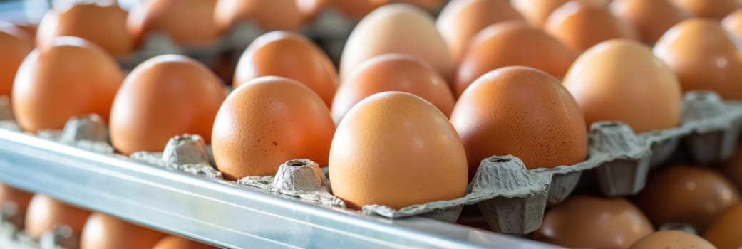 Multiple stacks of cardboard egg cartons filled with brown eggs are neatly arranged on shelves in a bustling market or grocery store, offering an abundant supply of fresh, locally-sourced produce
