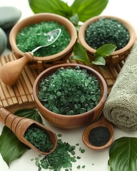 An array of natural green bath salts, herbal leaves, and a wooden spoon create a serene and rejuvenating spa-like atmosphere, inviting relaxation and self-care