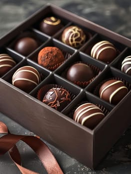 Elegant box of chocolate truffles with a brown ribbon, luxurious presentation, high detail, rich dark colors.