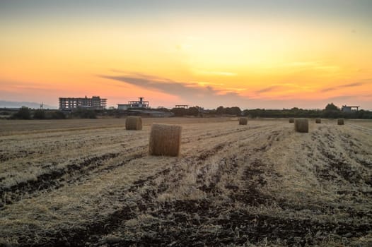 A peaceful rural sunset over a field strewn with bales of hay, the evening light