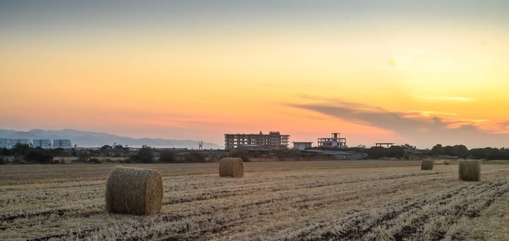 A peaceful rural sunset over a field strewn with bales of hay, the evening light 1