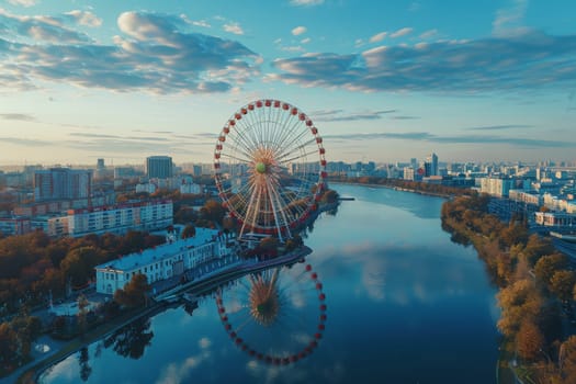 A city with a large Ferris wheel and a river in the background. The sun is setting, creating a warm and peaceful atmosphere