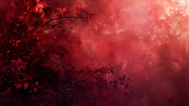 In a dark landscape, a tree with pink leaves stands out against a red background, creating a unique atmosphere in a natural environment