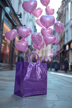 A purple shopping bag with pink balloons is on the sidewalk. The balloons are scattered around the bag, creating a festive and joyful atmosphere. The scene suggests a celebration or a special occasion