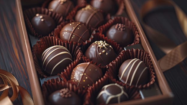 A detailed box of chocolate truffles, adorned with ribbons, placed on a table.