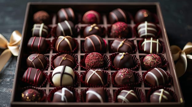 Elegant box of chocolate truffles adorned with rich dark ribbons, luxurious presentation.