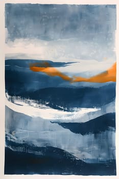 A rectangular painting of a vibrant blue and orange landscape depicting a stunning sky, rolling slopes, and a distant horizon. The artwork captures the beauty of geological and atmospheric phenomena