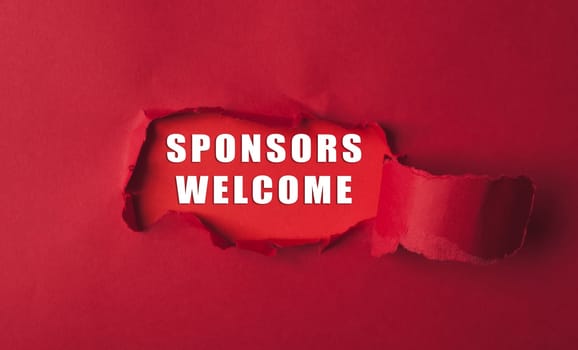 A red background with a white text that says Sponsors Welcome. The image has a concept of welcoming people and showing them that they are appreciated. Scene is warm and inviting