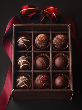 Elegant box of chocolate truffles adorned with a vibrant red ribbon, showcasing high detail and rich dark colors.