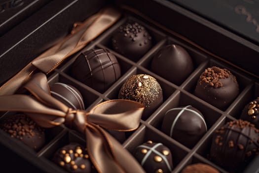Elegant box of assorted chocolates with a bow, high detail and luxurious presentation, featuring chocolate truffles in rich dark colors.