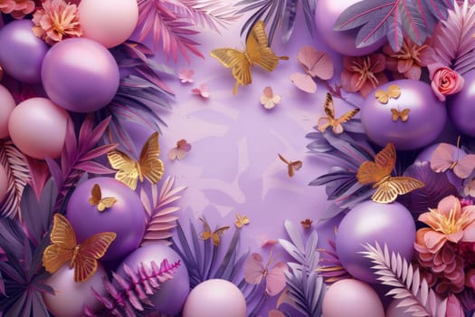 A purple background with gold butterflies and pink flowers.