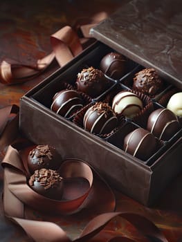 Luxurious box of chocolate truffles with ribbons on table.