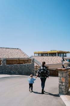 Mom and a little girl walk holding hands along an asphalt road. Back view. High quality photo