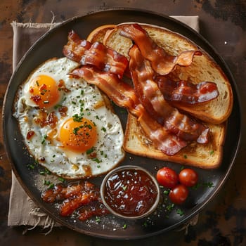 A delicious dish made of fried egg, bacon, and toast served on a plate. This fast food recipe features Bayonne ham as a special ingredient in this classic cuisine