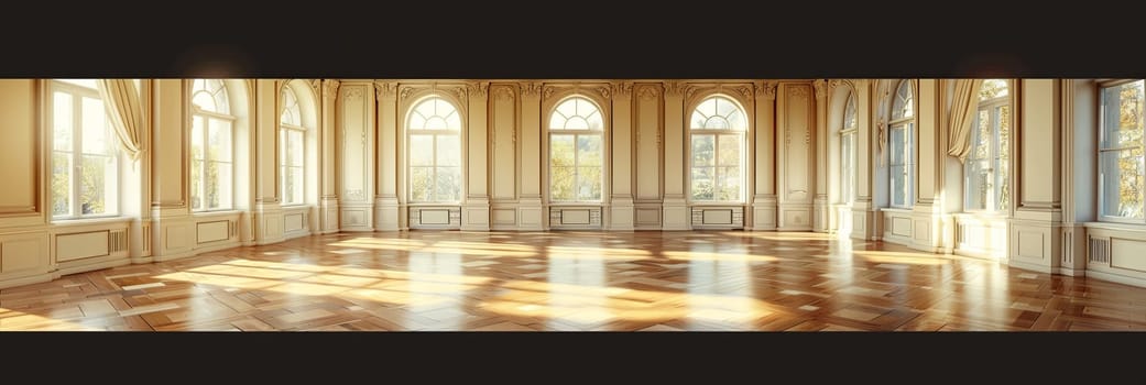 A vintage-style banquet hall with a parquet floor and numerous big windows.
