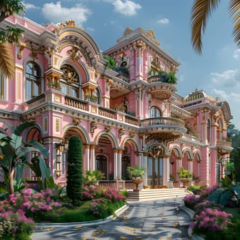 A grand pink building with numerous windows and balconies stands tall beneath the cloudy sky. It is adorned with palm trees and colorful facade paint