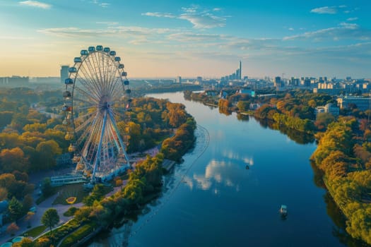 A city with a large Ferris wheel and a river in the background. The sun is setting, creating a warm and peaceful atmosphere