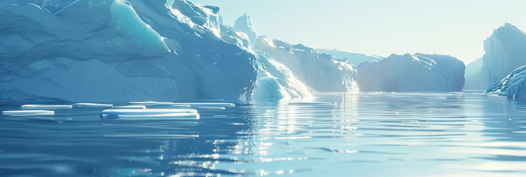 Multiple icebergs are seen floating on the cold Arctic waters, each displaying unique shapes and sizes.