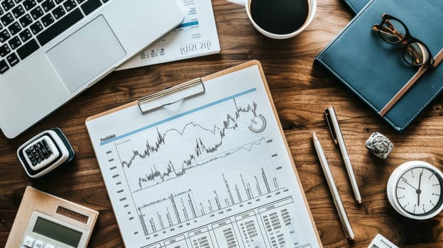 A laptop, a cup of coffee, and a stack of papers with graphs on a desk. The scene suggests a busy work environment where someone is working on financial data or analyzing trends