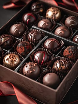 Elegant box of chocolate truffles adorned with a striking red ribbon, showcasing a luxurious presentation in rich dark colors.