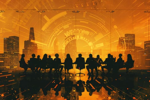 A group of people are sitting around a table in a spiral pattern. The table is surrounded by chairs and the people are all looking at each other. Scene is one of collaboration and teamwork