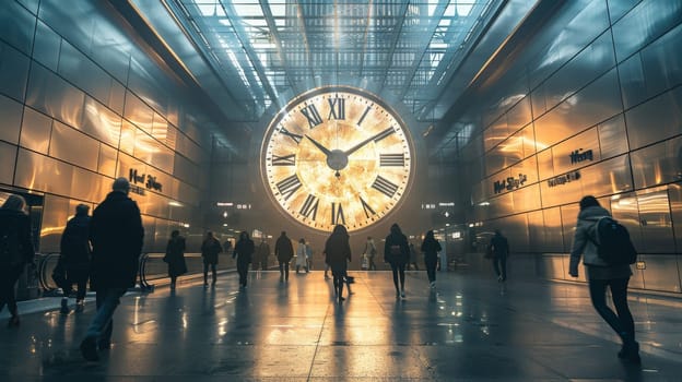 A large clock in a train station with people walking around. The clock is blue and white. Scene is busy and bustling