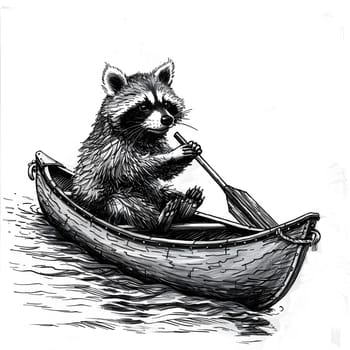A carnivorous raccoon with whiskers is skillfully rowing a boat on the water in a beautiful illustration, capturing the art of nature through drawing